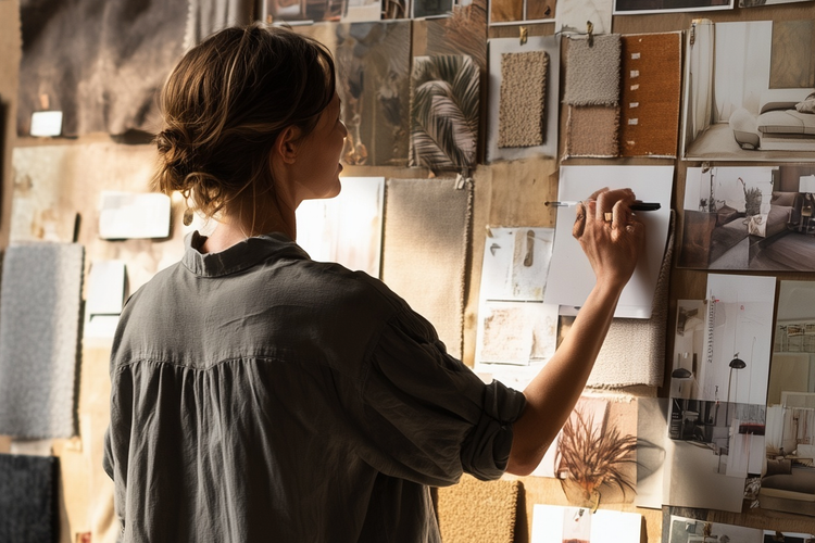 Interior designer working on home design plans, reviewing materials, furniture options, and budget costs for an interior design project.