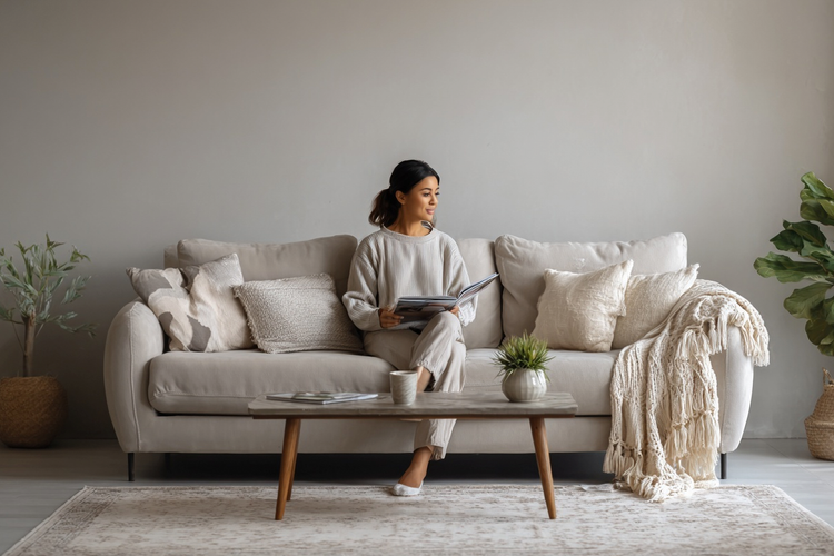 Showing sofa width, depth, height, and diagonal clearance for proper fit in a living room.