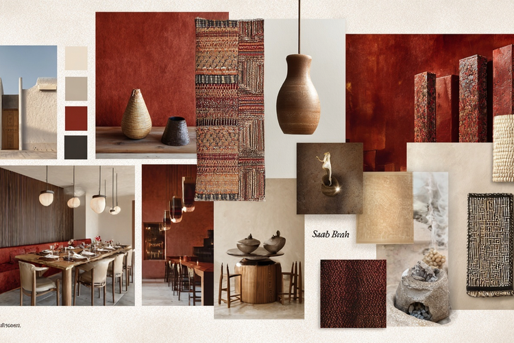 Timeless interior moodboard featuring a neutral color palette, classic furniture silhouettes, natural materials, and balanced architectural details in a refined home.