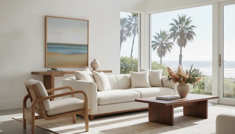 Refined neutral sofa in a bright Southern California living room