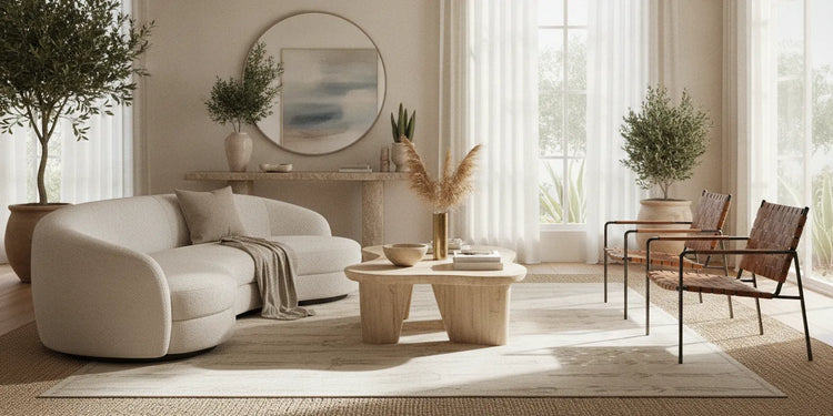 A warm Southern California living room with sculptural contemporary furniture, natural textures, and balanced proportions.