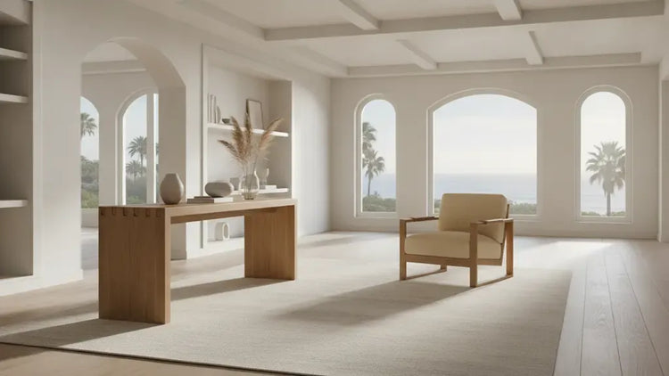 Custom furniture made in USA style console and upholstered chair in a bright coastal California living room