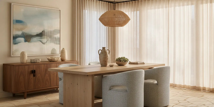 Dining chairs arranged around a dining table in a bright, contemporary Southern California home
