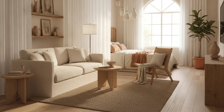 Refined studio apartment with distinct living and sleeping zones, warm layered lighting, and flexible furniture