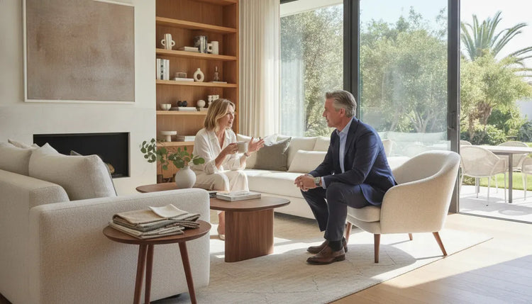 Homeowner working with an interior designer in a refined Southern California living room