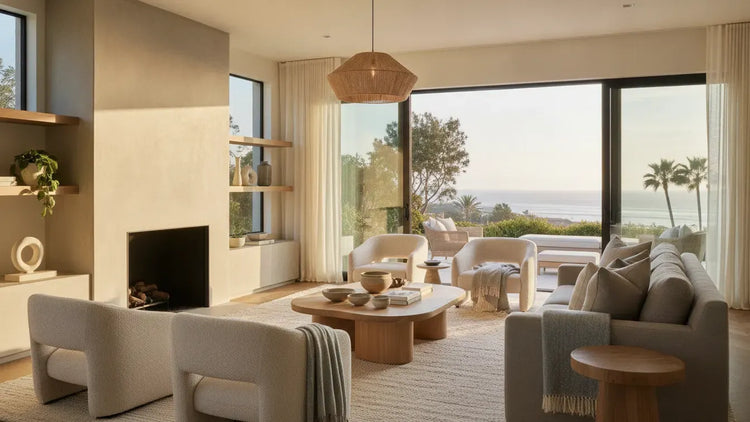 Coastal contemporary living room designed for a San Diego home