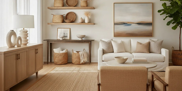 Warm, refined Southern California living room with a low cabinet, open shelving, and textured baskets