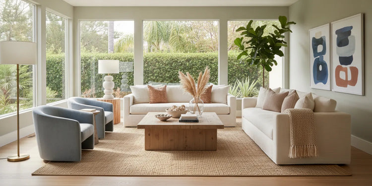 Thoughtfully staged San Diego living room with layered neutral furnishings and natural light
