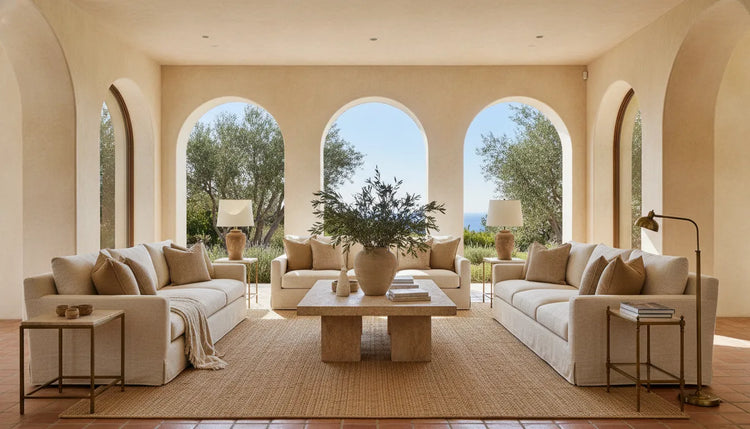Sun-drenched Mediterranean living room with natural stone, terracotta, and linen furnishings