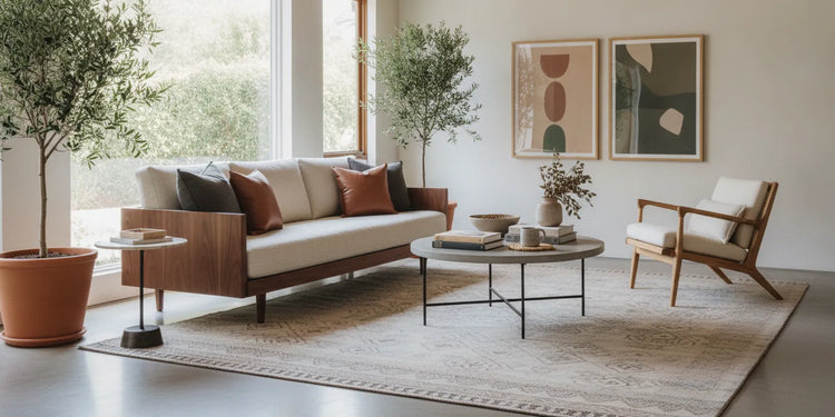 Warm Southern California living room with sculptural mid century modern furniture and natural wood finishes