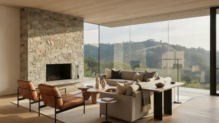 Modern mountain living room with natural stone, warm wood, leather seating, and hillside views