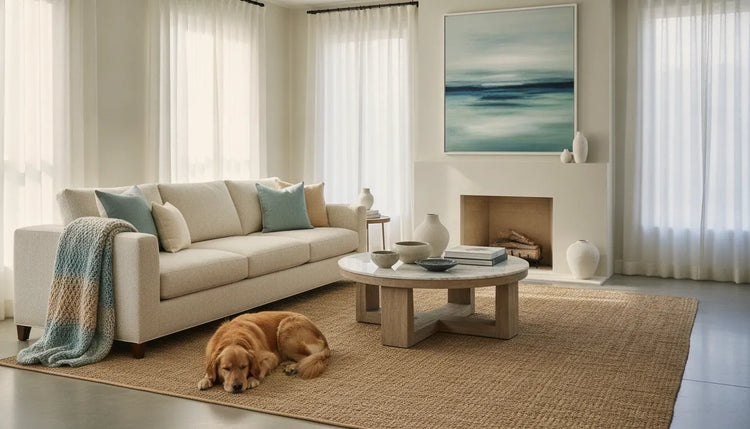 Elegant neutral sofa with a relaxed dog in a bright coastal living room