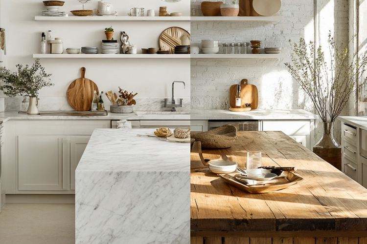 Rustic vs modern interior design comparison showing natural wood textures and cozy elements contrasted with clean lines, neutral colors, and minimalist furniture.