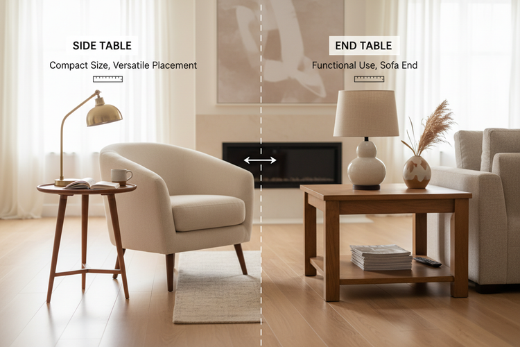 Side table vs end table comparison showing different table sizes, placements next to a sofa and chair, and functional use in a living room.