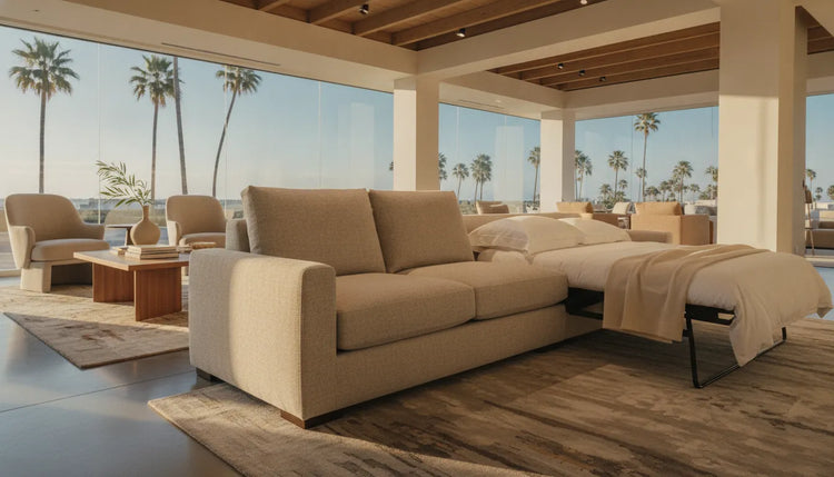 Luxury upholstered sleeper sofa opened beside a guest bed in a sunlit Southern California showroom