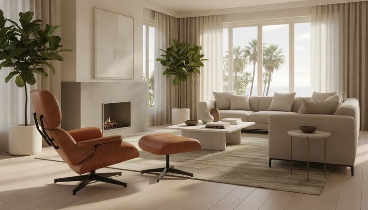 Stressless-style leather recliner and ottoman in a refined Southern California living room
