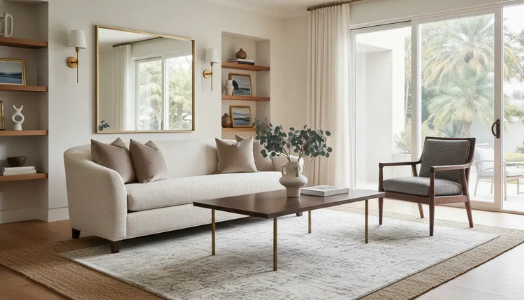Transitional interior design living room with classic and contemporary furniture