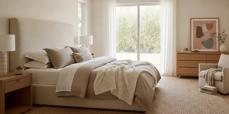 An upholstered bed with a tall neutral fabric headboard in a softly layered contemporary bedroom