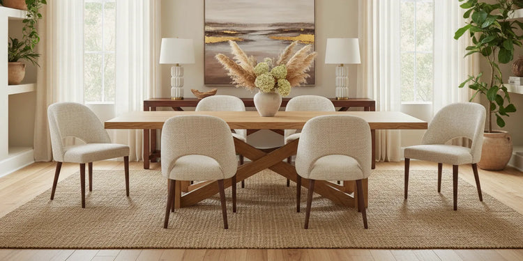 Elegant upholstered dining chairs arranged around a dining table in a warm, contemporary Southern California home