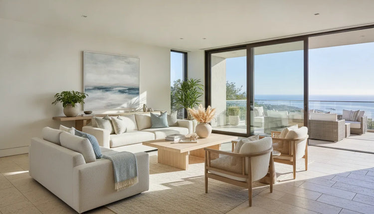 Coastal contemporary living room with natural textures and refined furniture