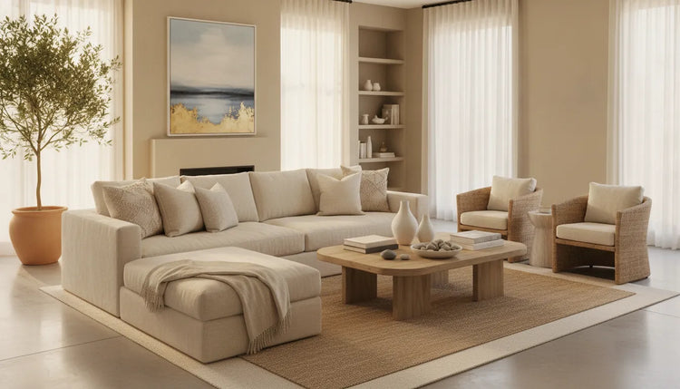 Custom sofa and wood table in a refined coastal Southern California living room