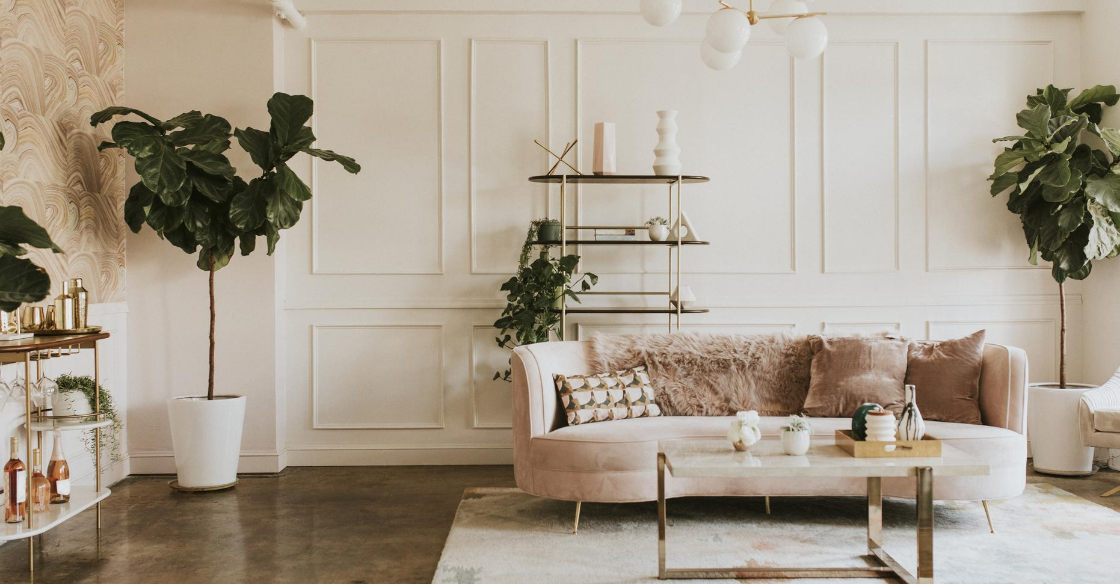 Living room with large potted plants