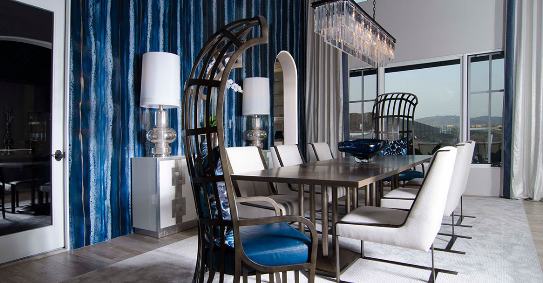 Nativa designed dining room with pops of blue