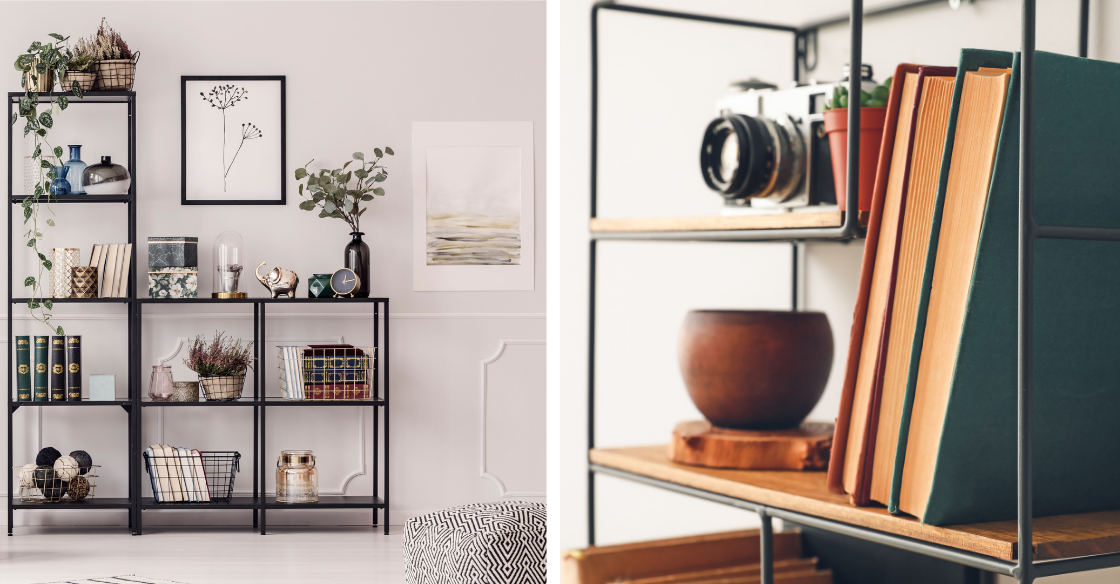 bookcase styled with accessories 