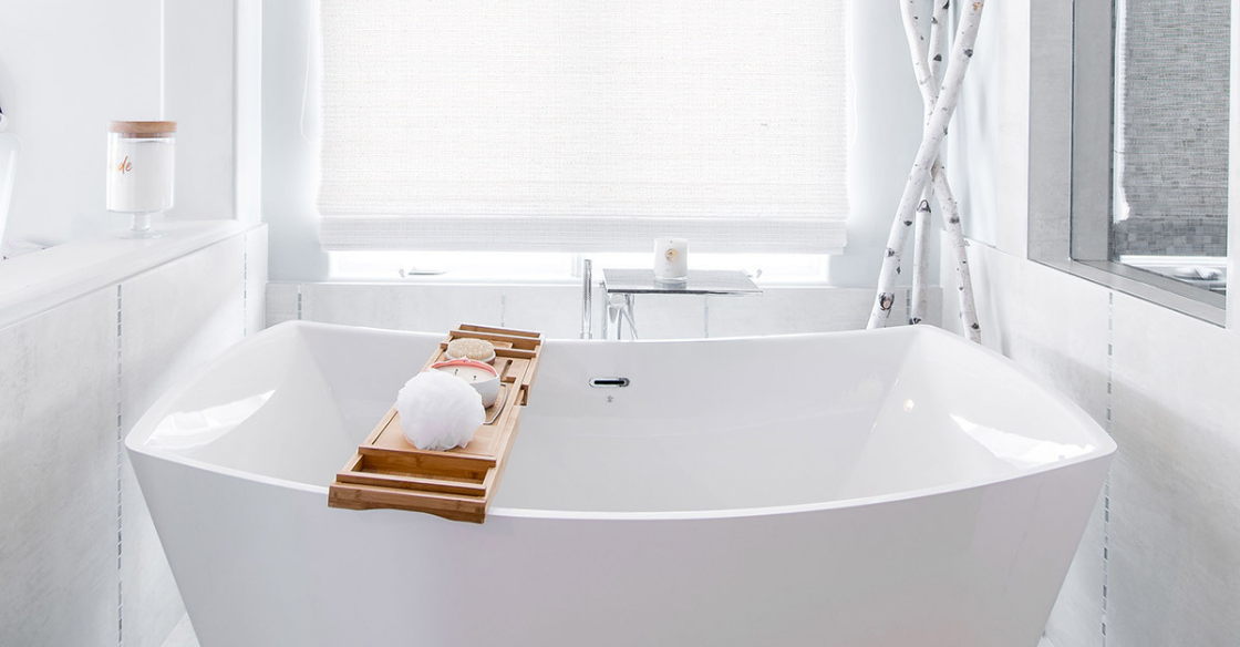 Modern white bathroom with freestanding tub