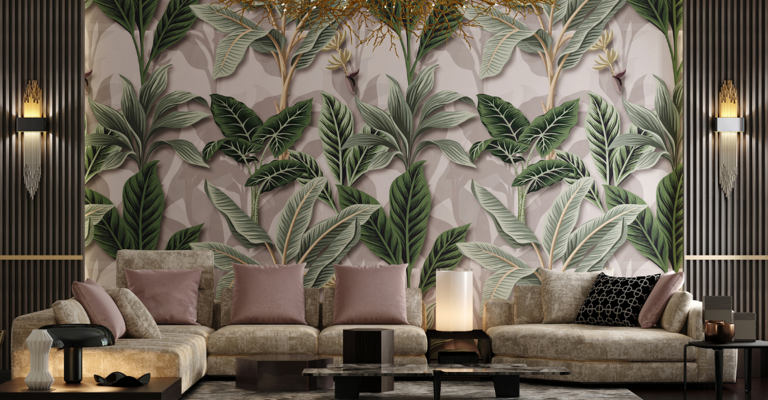 Living room with tropical print wallpaper