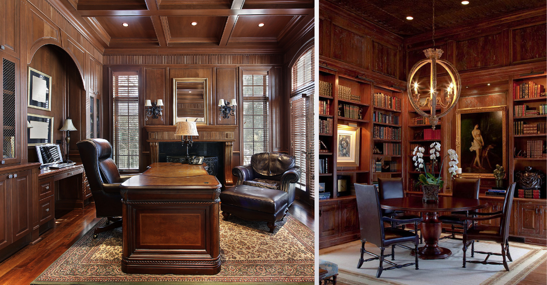 Traditional home offices with dark wood paneling 