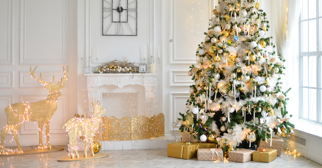 Home decorated with gold, silver and white Christmas and holiday decor